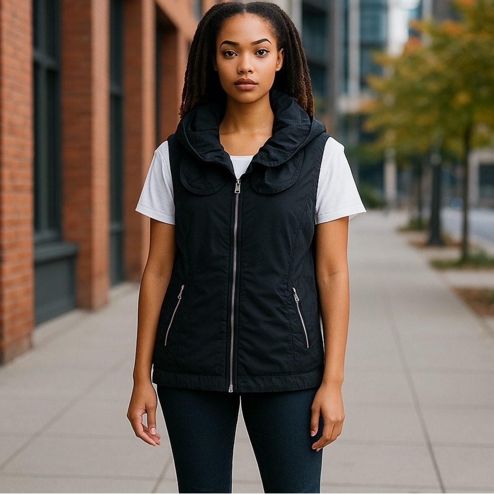 Desert Casual Black Zip Vest Zebra Lining Ruffled Collar Med